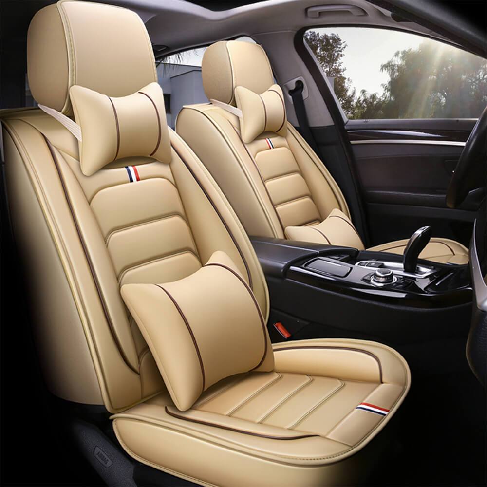 beige front Leather Seat Covers Universal Fit 5 Seats Car